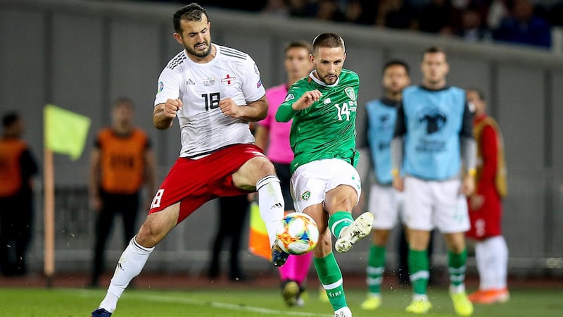 Hourihane fouled by Gia Grigalava. Photo: Tommy Dickson/Inpho