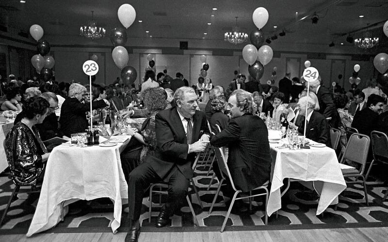 Pat O’ Connor and Dermot Desmond in conversation at a Cairde Fáil dinner in 1989. From the exhibition by Eamonn Farrell, “Charles Haughey: power, politics and public image” at the Gallery of Photography.