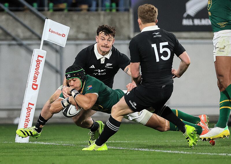 South Africa's Cheslin Kolbe dives in to score a try. Photograph: Grant Down/AFP via Getty