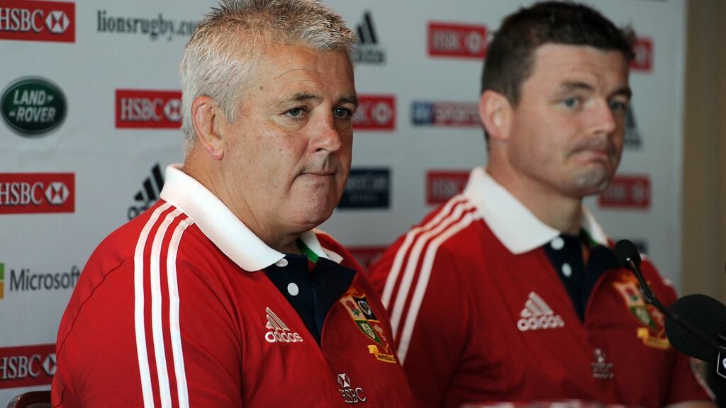 Brian O’Driscoll sits alongside coach Warren Gatland during a press conference in Perth in 2013 - during the Lions tour to Australia. Photograph: Getty Images