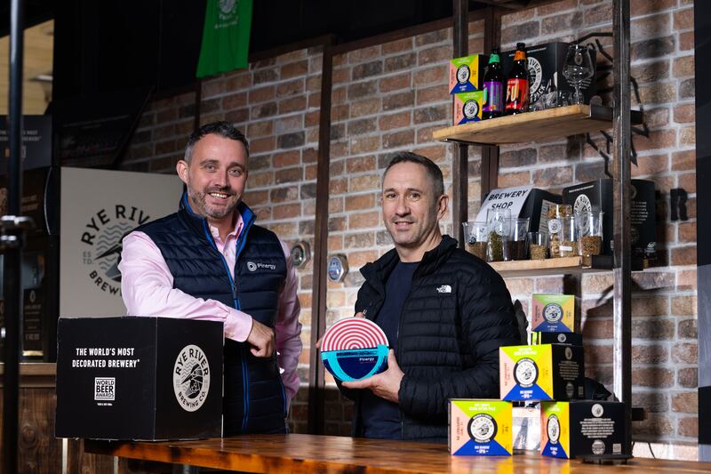 Tom Cronin, founder & chief executive of of Rye River Brewing pictured alongside Alan Clarke of Pinergy Energy following signing a one-year deal to power its entire operation using renewable energy sourced from Beale Hill wind farm. Picture by Shane O'Neill, Coalesce.