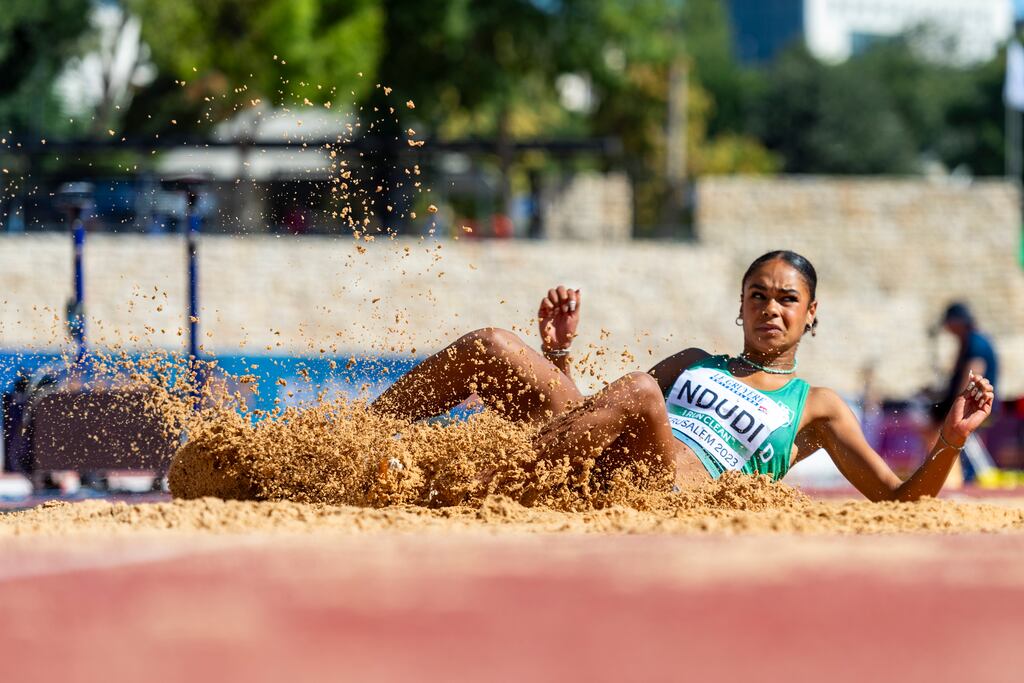 Elizabeth Ndudi of Ireland competes in women's long jump. Photograph: Jurij Kodrun/Getty