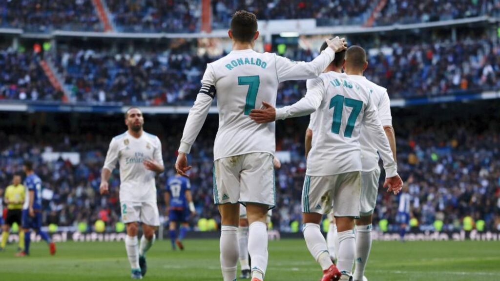 Cristiano Ronaldo of Real Madrid celebrates scoring their second goal during the LaLiga win over Alaves. Photo: Gonzalo Arroyo Moreno/Getty Images