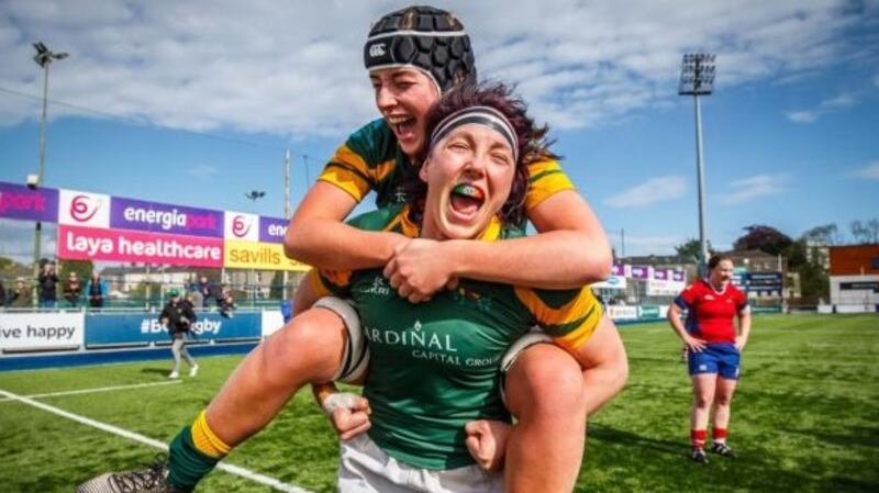Daisy Earle and Lindsay Peat after Railway Union won their first All-Ireland League title, in Donnybrook. Photograph: Oisin Keniry/Inpho