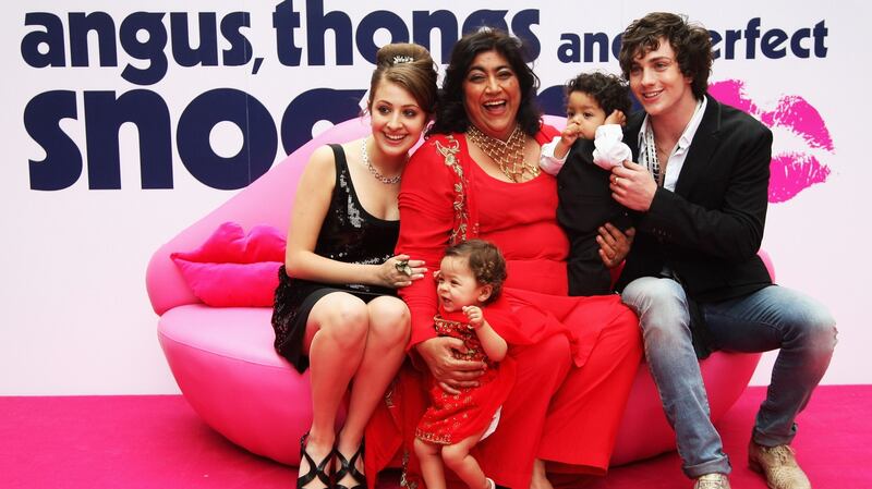 Actress Georgia Groome, director Gurinder Chadha and her two children and Aaron Johnson pose for a photograph at the Empire Leicester Square during the UK Premiere of her film, Angus, Thongs and Perfect Snogging on July 16th, 2008 in London, England. Photograph: Chris Jackson/Getty Images