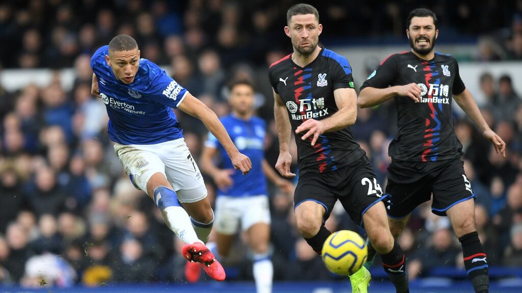 Richarlison scores Everton’s second goal during the Premier League match against Crystal Palace at Goodison Park. Photograph: Michael Regan/Getty Images
