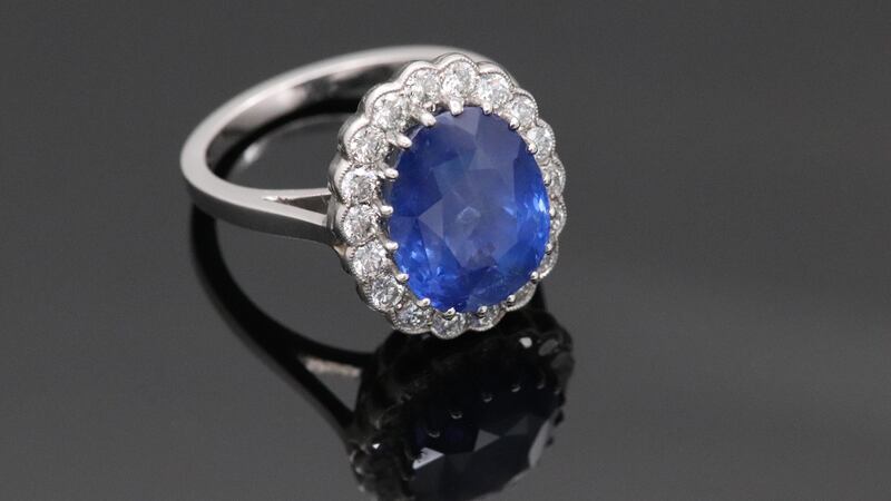 Certified untreated 8.5 carat saphire and diamond ring (€15,950), Courtville Antiques, Powerscourt Centre.