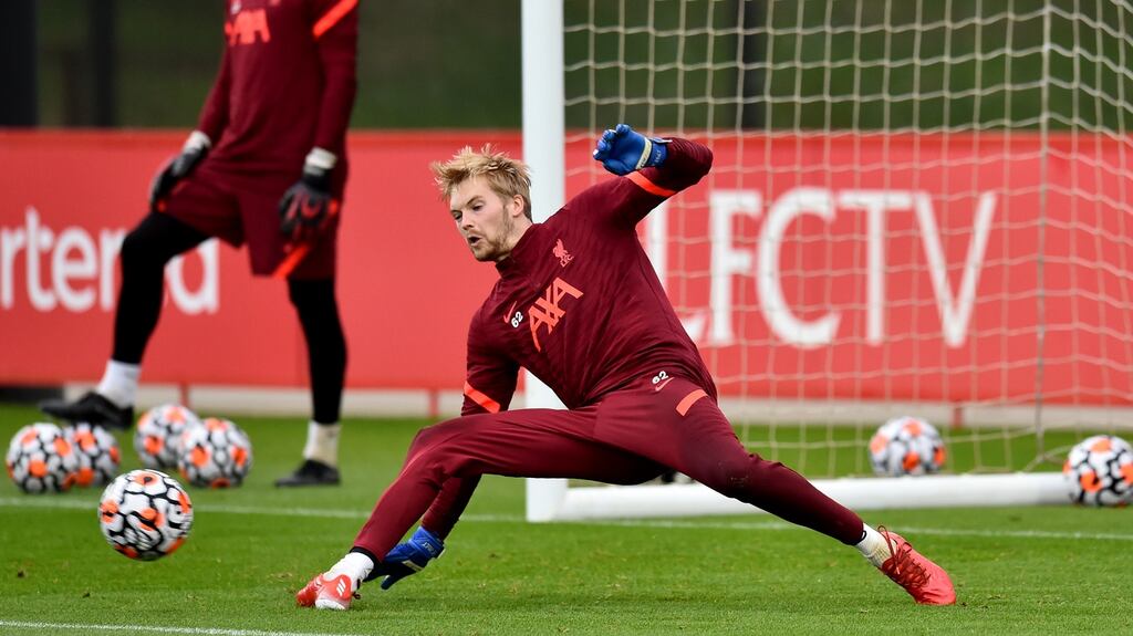 Caoimhín Kelleher during Liverpool training. Photo: Andrew Powell/Liverpool FC via Getty Images