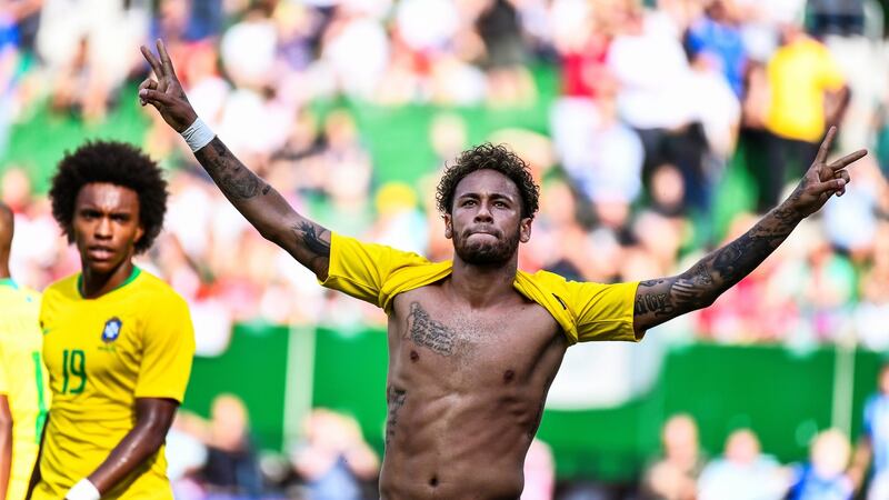 Neymar celebrates after scoring in the 2-0 friendly against Austria. Photograph: Christian Bruna/EPA