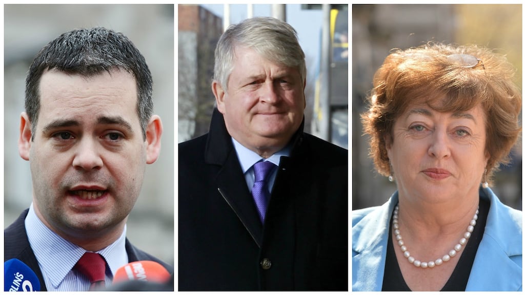 Denis O’Brien (centre) says he will consider an appeal against ruling on comments made in Dáil by Pearse Doherty (left) and Catherine Murphy (right). Photographs: Alan Betson and Collins Courts