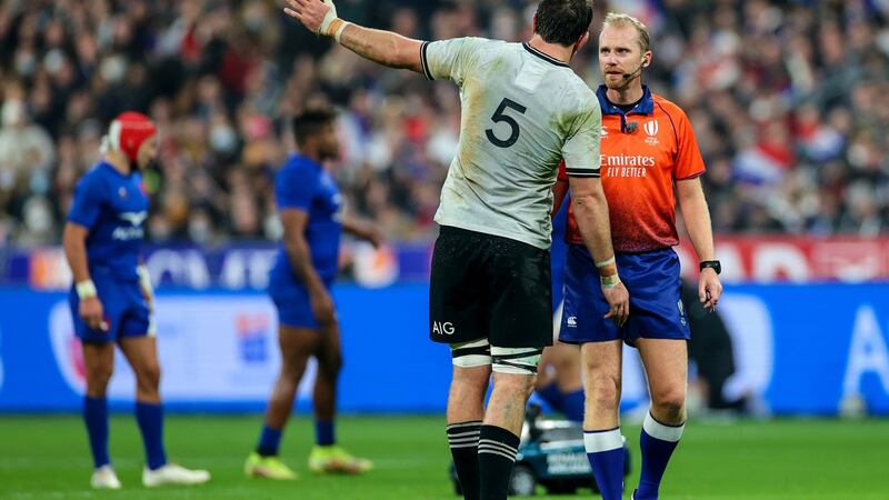 During the France v New Zealand match in Paris New Zealand’s Sam Whitelock remonstrates with referee Wayne Barnes. File photograph: Inpho