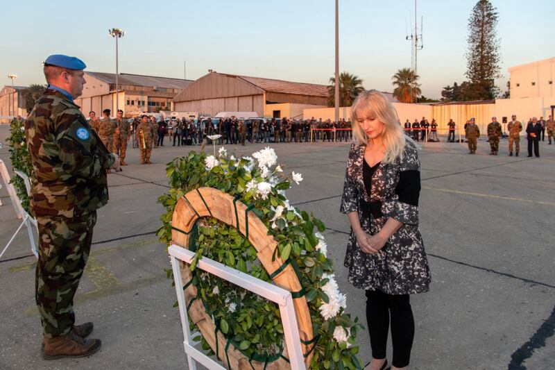 Ireland's Ambassador to Egypt, Nuala O'Brien, laid a wreath for Private Seán Rooney at a ceremony at Beirut Airport in Lebanon in December. Photograph: UNIFIL