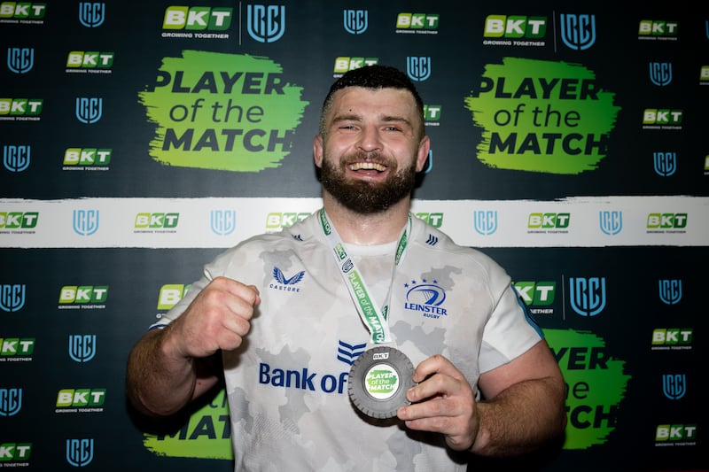 Leinster's Michael Milne is awarded the BKT player of the match for his performance against Cardiff. Photograph: Inpho