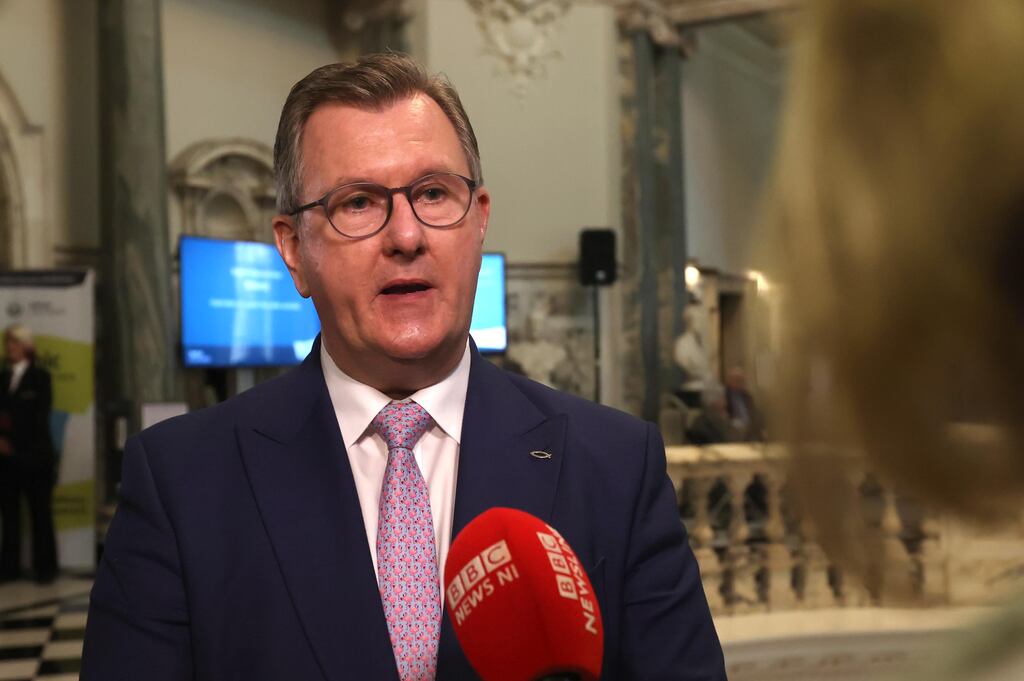 Jeffrey Donaldson met with other party leaders at Stormont Castle on Thursday to discuss the region’s under-pressure public finances and plans for a potential return of powersharing. Photograph: Liam McBurney/PA Wire
