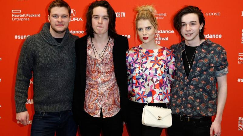 Irish actor’s Jack Reynor, Ferdia Walsh-Peelo, English actress Lucy Boynton and Mark McKenna arrive for the premiere of ‘Sing Street’. Photograph: EPA