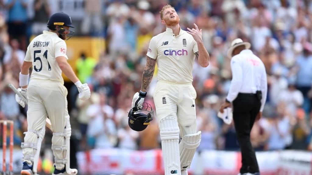 England’s Ben Stokes celebrates reaching his century during day two of the second Test match against West Indies at Kensington Oval in Bridgetown, Barbados. Photograph: Gareth Copley/Getty Images