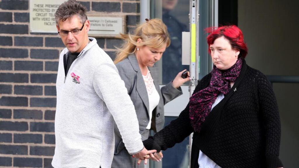 Paul and Coral Jones leave Mold Crown Court, North Wales after the defence in the trial of Mark Bridger who is accused of murdering their five-year-old daughter April. Photograph: Peter Byrne/PA Wire