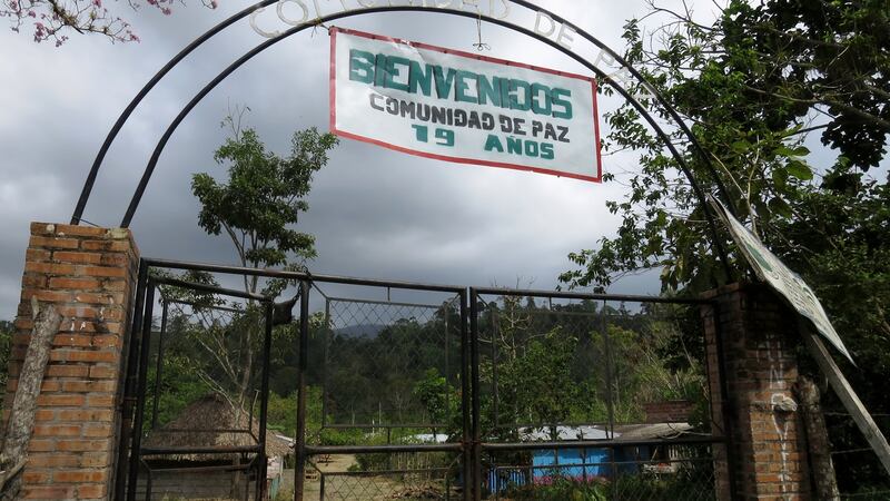 The entrance to the Peace Community of San José de Apartadó, a community that has declared its neutrality and rejected the presence of all armed groups in its territory, on March 2nd, 2017 in Urabá region, northwest Colombia. Photograph: Julieta Aponte