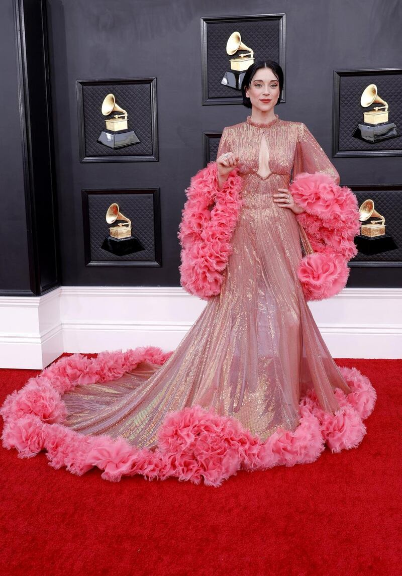 St Vincent in pink Gucci. Photograph: Frazer Harrison/Getty Images for The Recording Academy