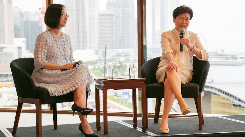 managing partner at EY Hong Kong Agnes Chan with chief executive of Hong Kong Carrie Lam. Photograph: Richie Stokes