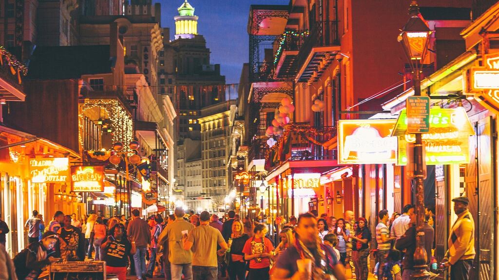Bourbon Street is a hive of activity every night of the week, with live bands in every bar and children on the neon-lit streets bucket-drumming. Photograph: iStock