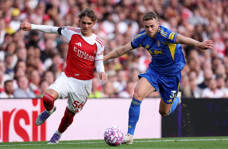 Arsenal's Max Dowman is put under pressure by Gabriel Gudmundsson of Leeds United during the Premier League match at Emirates Stadium. Photograph: Justin Setterfield/Getty Images