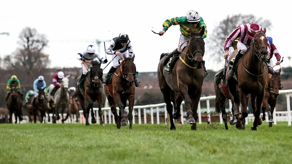 Sean Flanagan on School Boy Hours comes home to win the Paddy Power Chase at Leopardstown. Photograph: Laszlo Geczo/Inpho