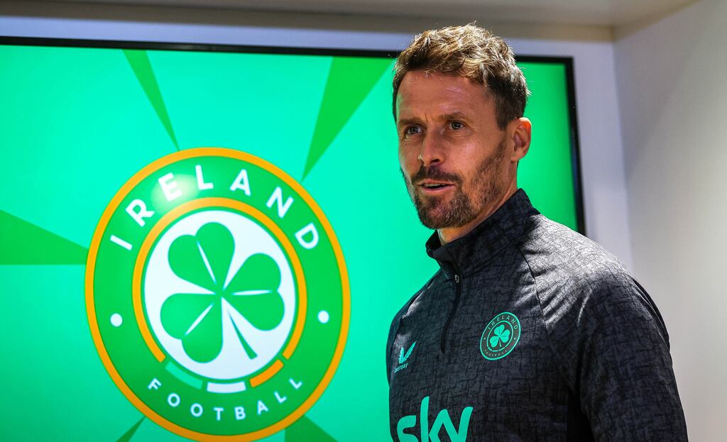 Republic of Ireland assistant coach Paddy McCarthy speaks to the media ahead of Saturday's World Cup qualifier against Hungary in Dublin. Photograph: Ryan Byrne/Inpho