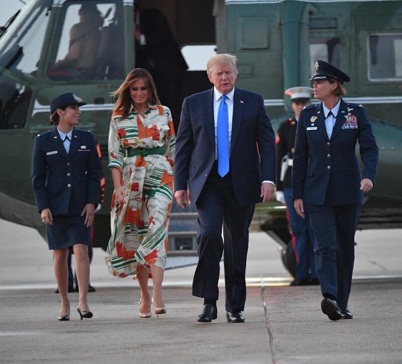 Style homage: for their flight to the UK Melania Trump wore a Gucci dress that featured Big Ben, the Houses of Parliament and double-decker buses. Photograph: Mandel Ngan/AFP/Getty
