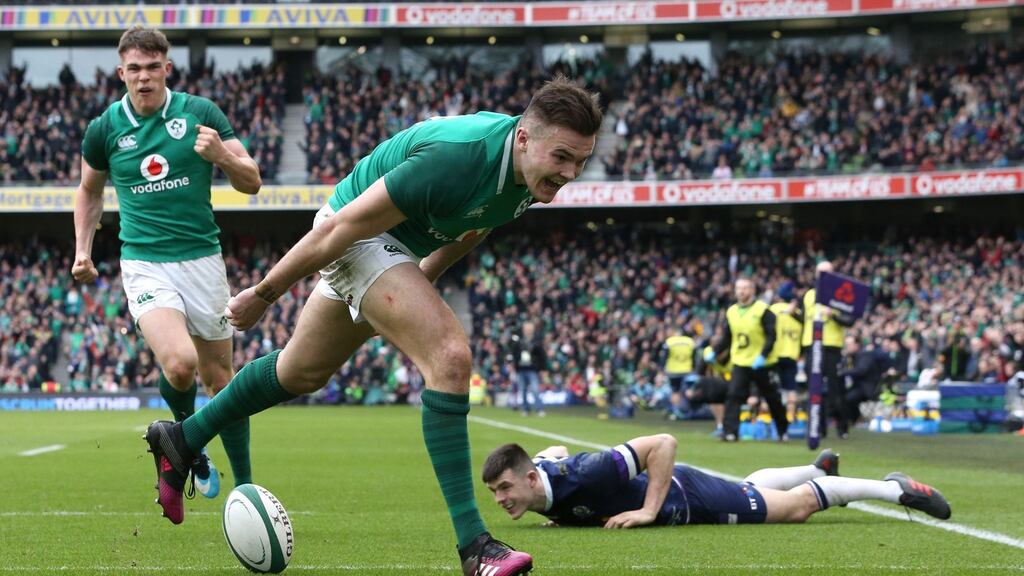 Ireland’s Jacob Stockdale celebrates scoring one of his two tries against Scotland. This Irish team has already scored five more tries than the 2009 Grand Slam winners. Photograph: Brian Lawless/PA