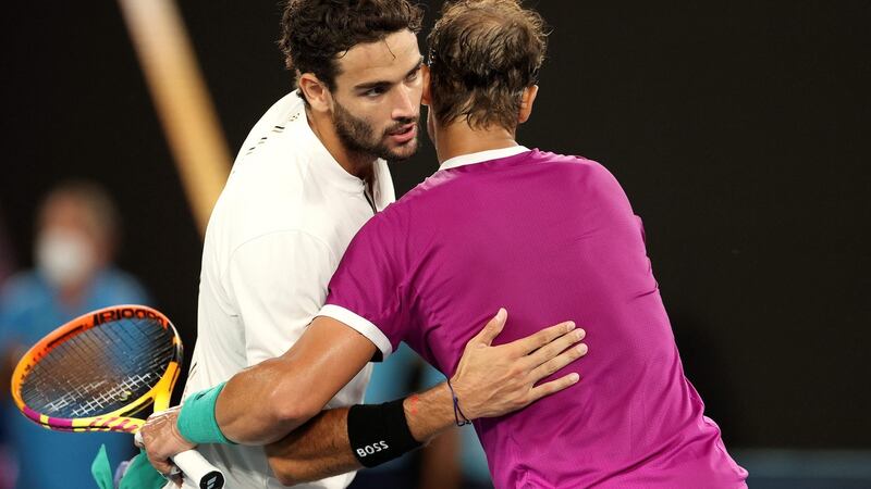 Matteo Berrettini congratulates Rafael Nadal after his four set defeat. Photograph: Martin Keep/Getty/AFP