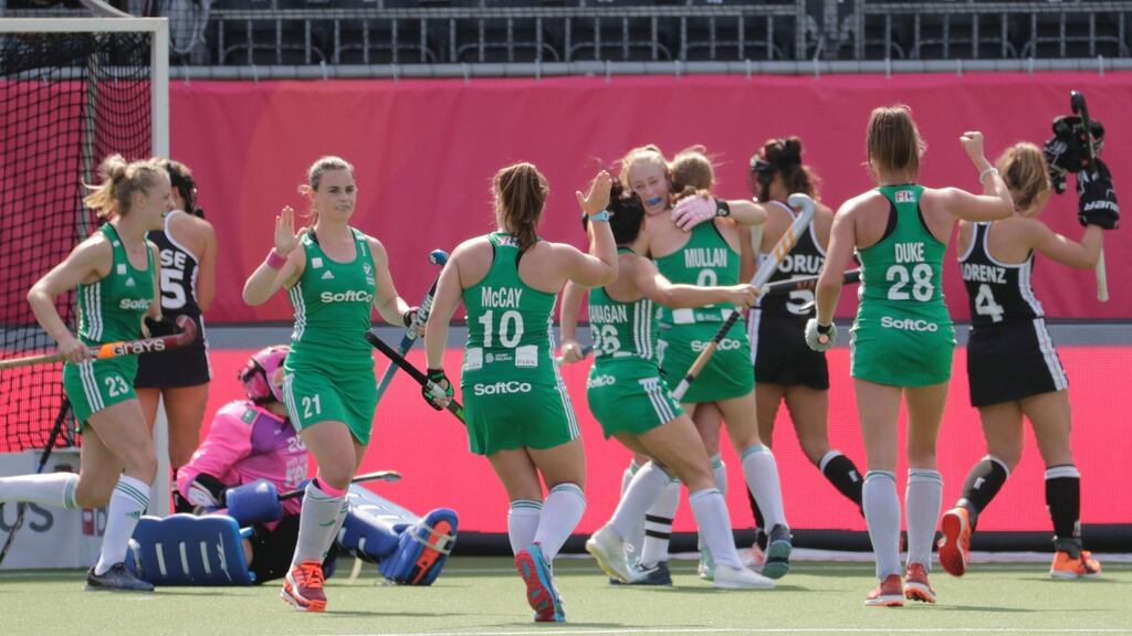 Ireland celebrate a goal against Germany earlier in the EuroHockey Championships, in which they finished fifth. Photograph: Olivier Hoslet/EPA