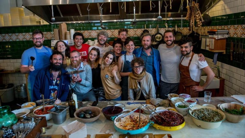 Team Fumbally: Aisling Rogerson (third left) and Luca D’Alfonso (third right) with their staff. Photograph: Brenda Fitzsimons