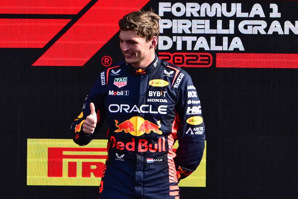 Red Bull's Max Verstappen celebrating on the podium after the Italian Grand Prix at Autodromo Nazionale Monza circuit in Monza on September 3th, 2023. Photograph: Marco Bertorello/AFP