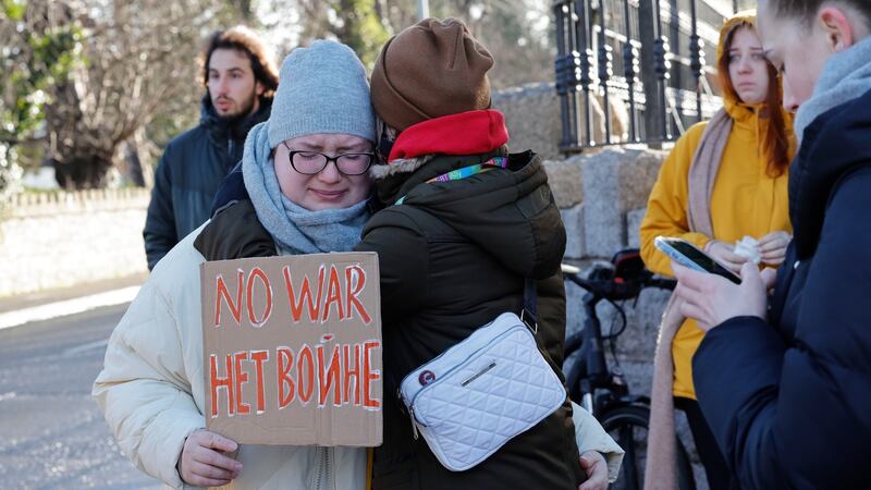 Catriona from Russia protesting about the invasion of Ukraine outside the Russian Embassy in Dublin. Photograph: Alan Betson