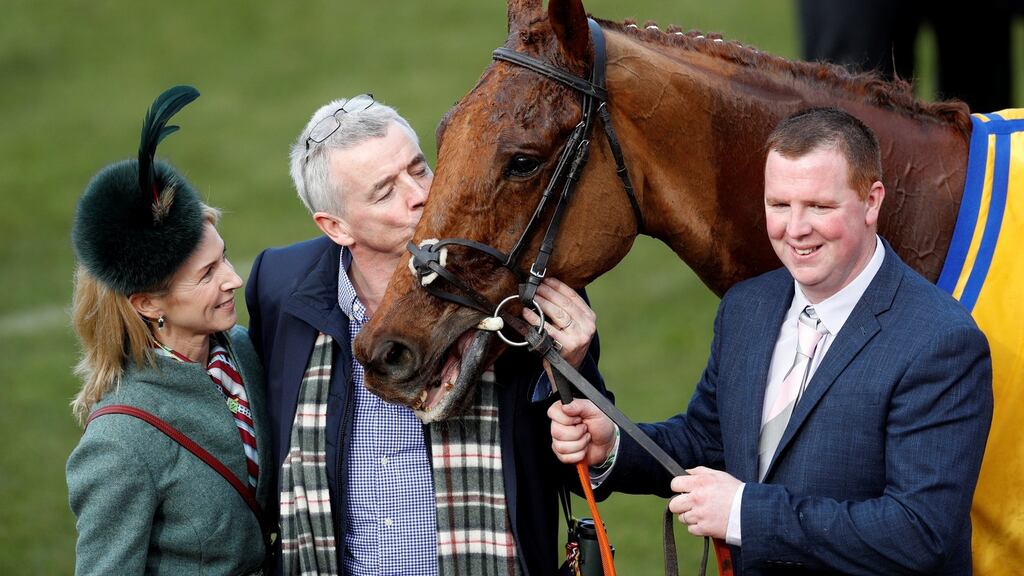Ryanair chief executive Michael O’Leary kisses Balko Des Flos after the horse won the Ryanair Chase at Cheltenham. Photograph: Darren Staples/Reuters