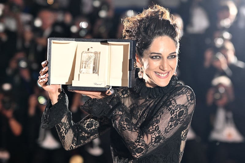 Zahra Amir Ebrahimi with her best-actress trophy in Cannes last May. Photograph: Loic Venance/AFP via Getty