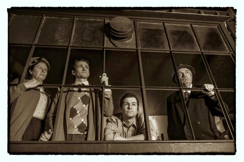 Catherine Walsh (as Madge), Shane O'Regan (Gar Public), Alex Murphy (Gar Private) and Seamus O'Rourke (Screwballs/SB O'Donnell) in a 2021 production of 'Philadelphia' at Cork Opera House. Photograph: Michael Mac Sweeney/Provision