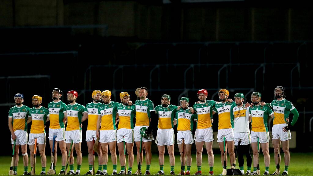 Offaly line up for the Allianz  League clash against Laois in O’Moore Park. Photograph: Ryan Byrne/Inpho