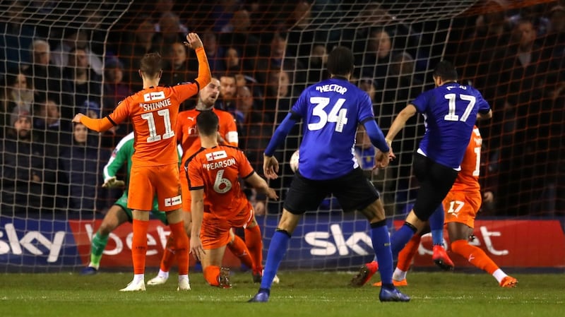 Atdhe Nuhiu of Sheffield Wednesday scores his team’s first goal. Photo: Catherine Ivill/Getty Images