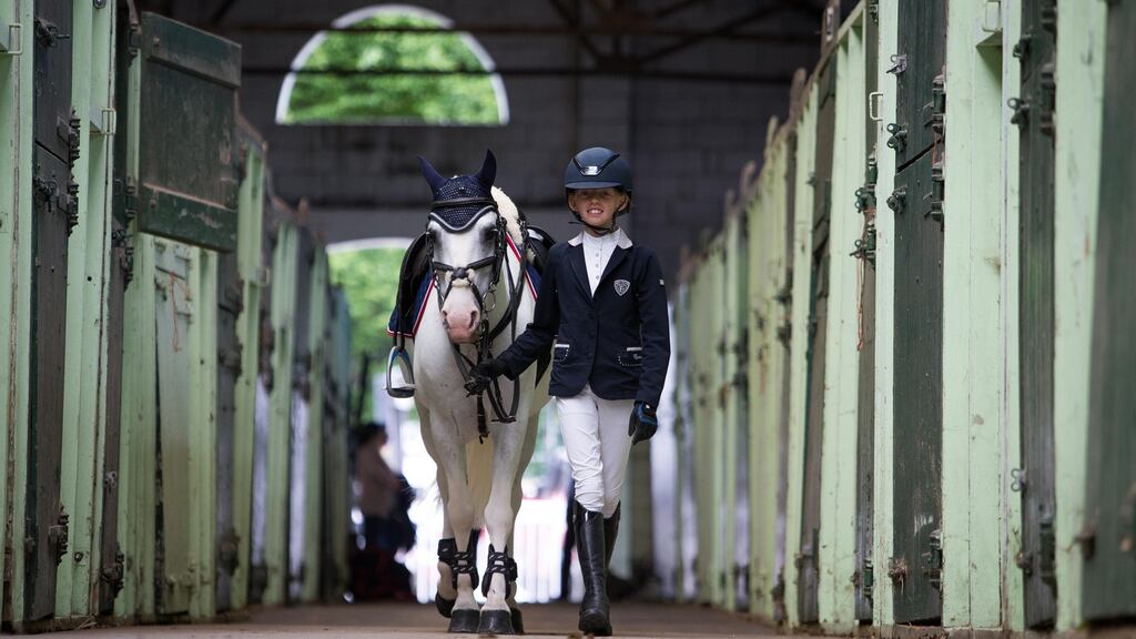 Lauren Murphy (11) from Glasson, Co Westmeath leads her pony Taggert Express before the launch of the 2018 Dublin Horse Show at the RDS in Ballsbridge. Photograph: Tom Honan