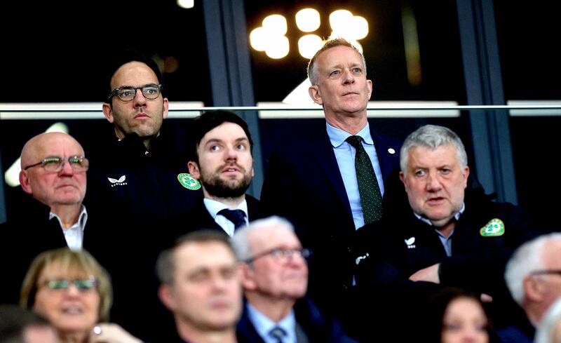FAI director of football Marc Canham with outgoing CEO Jonathan Hill. Photograph: Ryan Byrne/Inpho