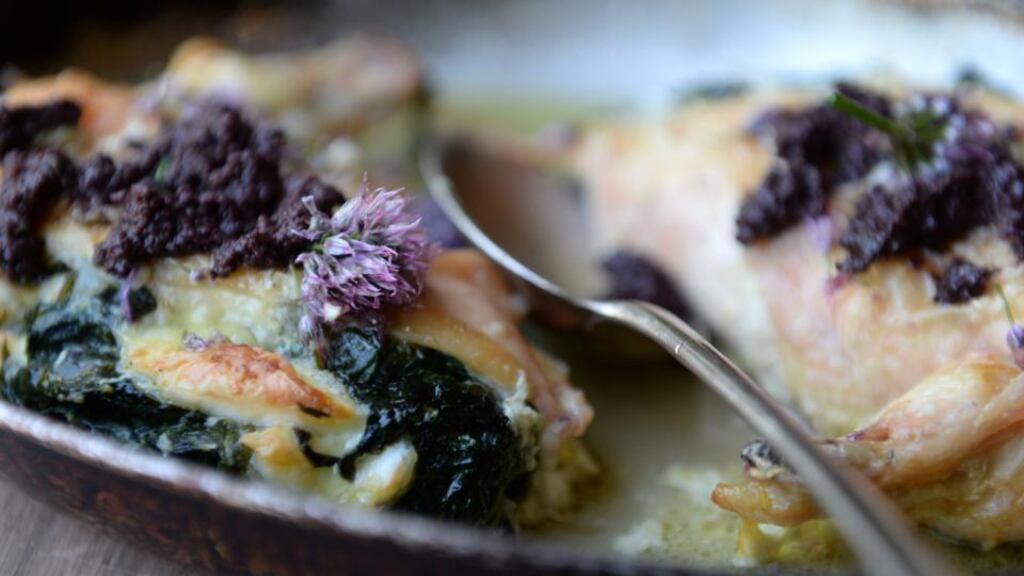 Baked chicken with tapenade and mozzarella. Photograph: Dara Mac Dónaill
