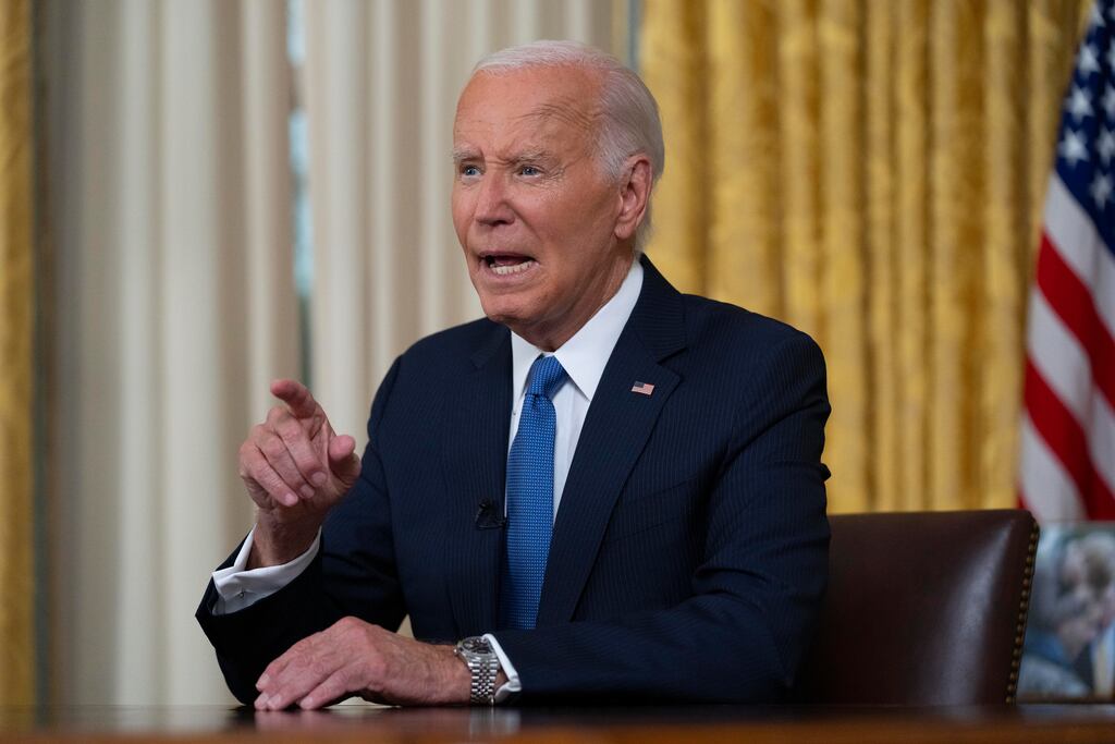US president Joe Biden speaks from the Oval Office of the White House. Photograph: Evan Vucci-Pool/Getty Images