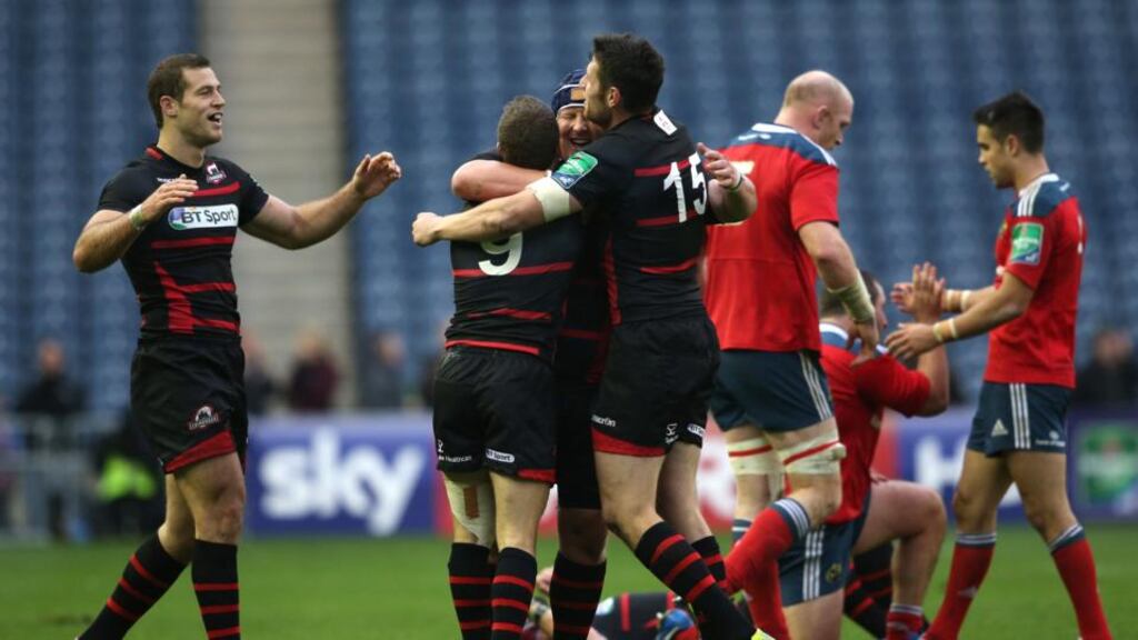 Greig Laidlaw (9) of Edinburgh celebrates with Tim Visser (left), Wicus Blaauw and Jack Cuthbert after that surprising defeat of Munster at Murrayfield on Saturday. Photograph: Ian MacNicol/Getty Images