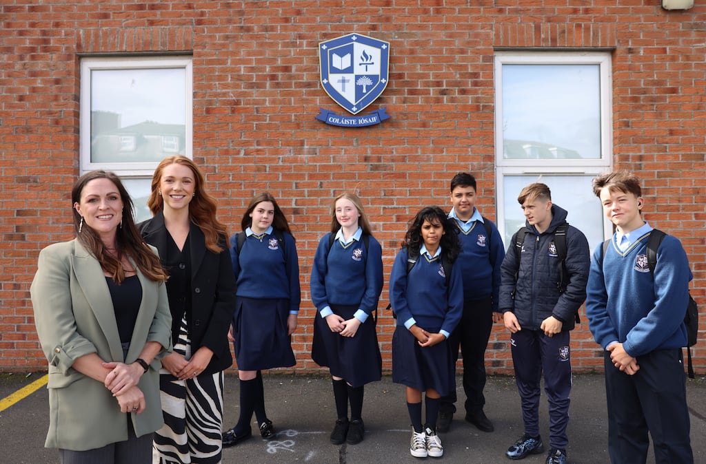 Principal Alexandra Duane, deputy principal Ciara Dowling, and students Carly Nolan, Darci Hynes, Shreedha Akula, Alex Halal, Conor Walsh and Sean McInerney Radford at St Joseph’s in Fairview, Dublin. Photograph: Dara Mac Dónaill