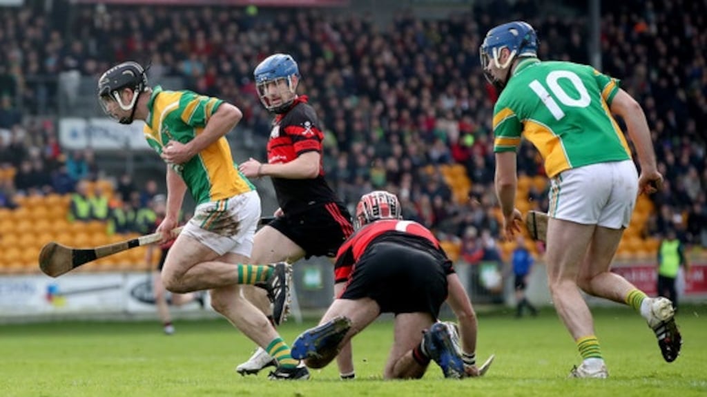 Daniel Currams bursts through to score for Kilcormac-Killoughey. Photograph: Bryan Keane/Inpho
