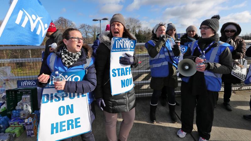 Nurses and members of the INMO on the picket line at James Connolly Memorial Hospital in Blanchardstown, Dublin. Photograph: Colin Keegan/ Collins