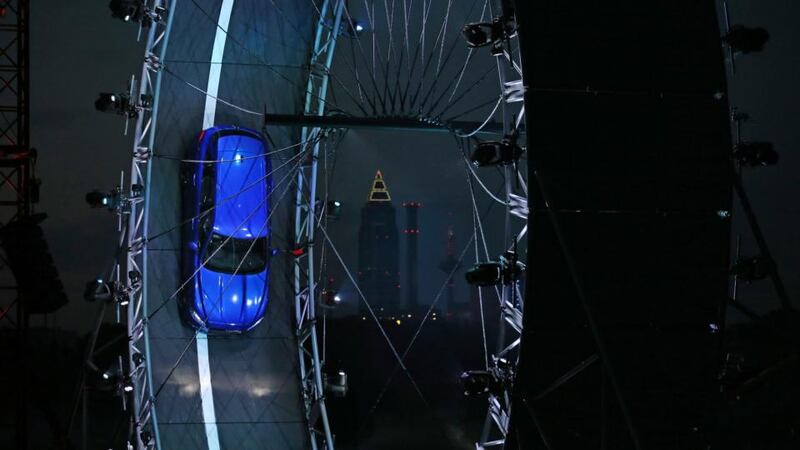 A Jaguar F-Pace, driven by Terry Grant in Frankfurt on Monday night, breaks the Guinness World Record for largest loop the loop drive in a car to mark the global launch of the firm’s new SUV.