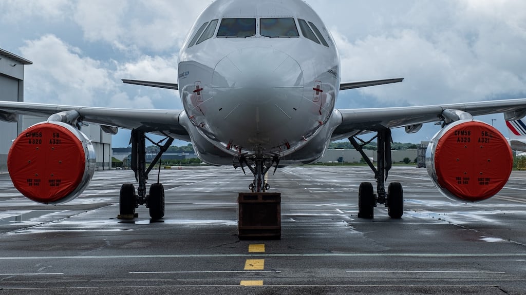 Protective covers on the engines of a plane operated by Air France-KLM at Blagnac Airport in Toulouse, France. Photograph: Balint Porneczi/Bloomberg